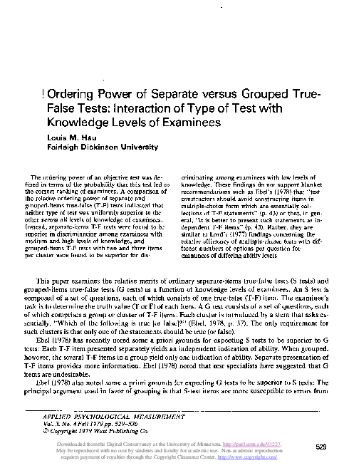 (PDF) Ordering Power of Separate versus Grouped True-False Tests ...