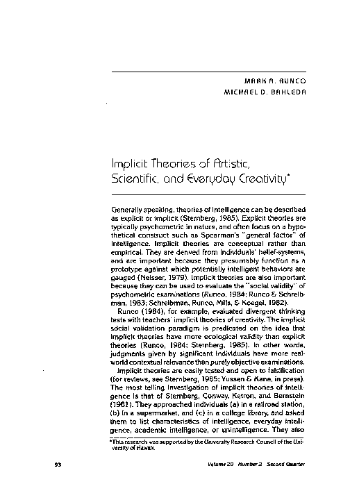 (PDF) Implicit Theories of Artistic, Scientific, and Everyday Creativity*