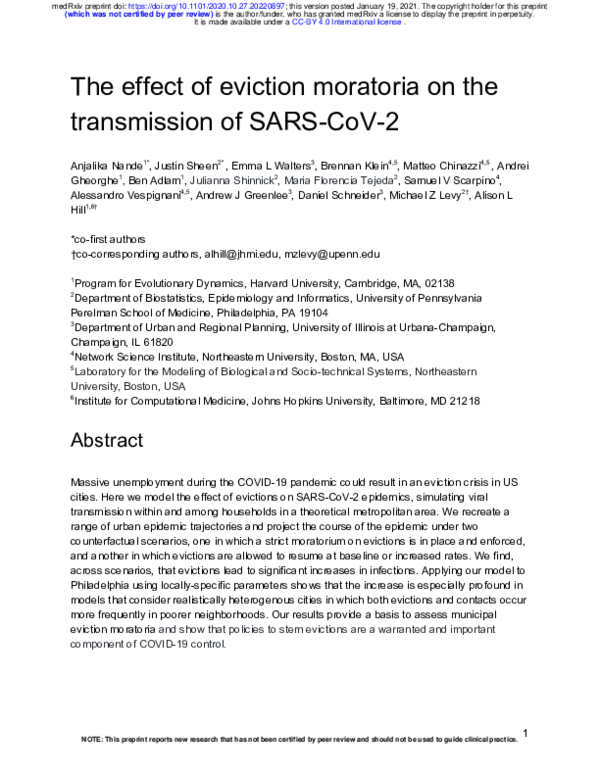 The effect of eviction moratoria on the transmission of SARS-CoV-2