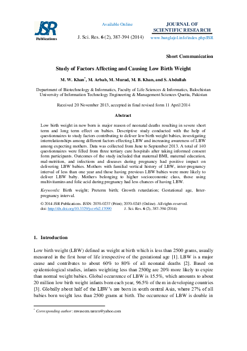 (PDF) Study of Factors Affecting and Causing Low Birth Weight