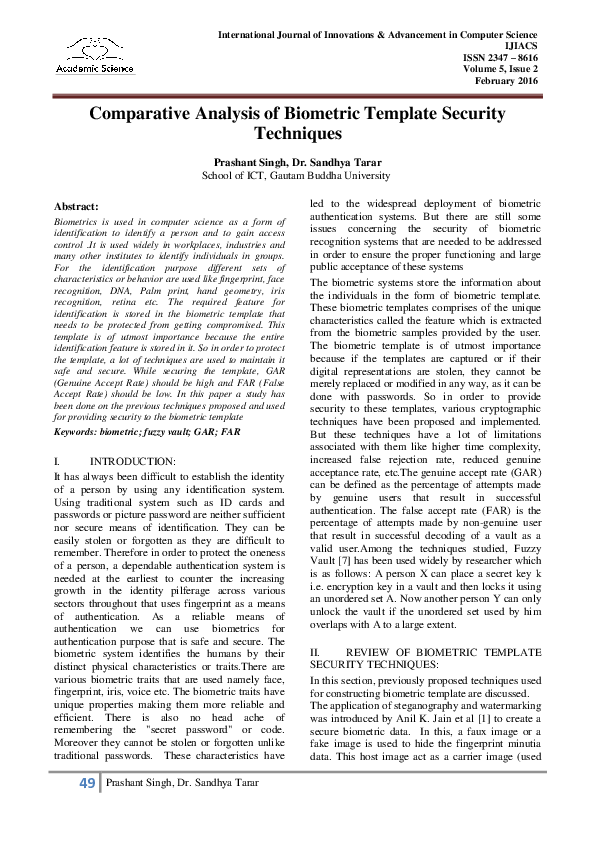 (PDF) Comparative Analysis of Biometric Template Security Techniques