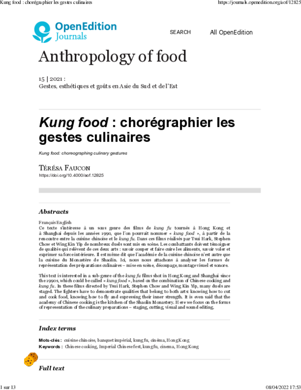 (PDF) Kung food. Choregraphier les gestes culinaires