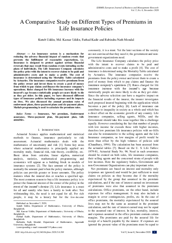 (PDF) A Comparative Study on Different Types of Premiums in Life ...