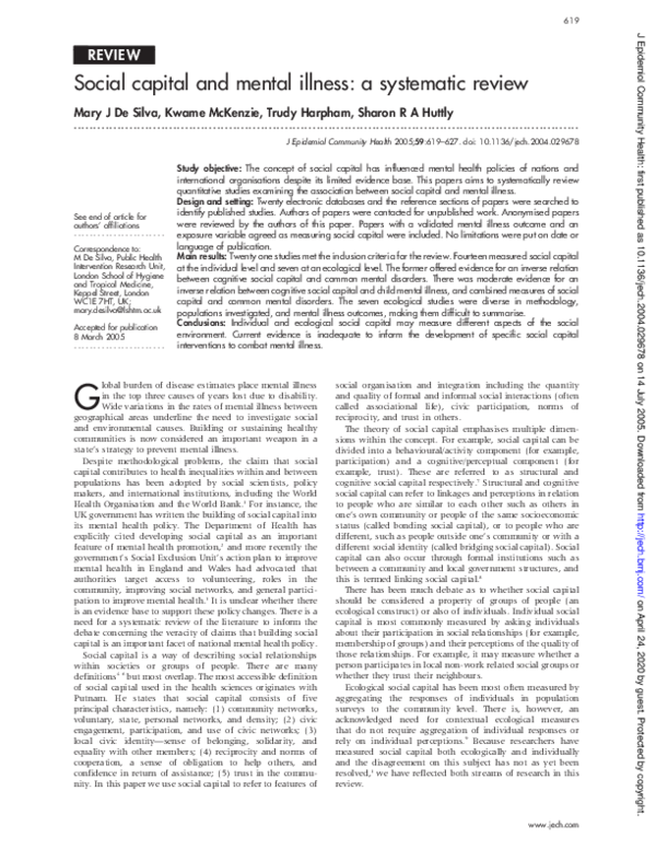 (PDF) Social capital and mental illness: a systematic review