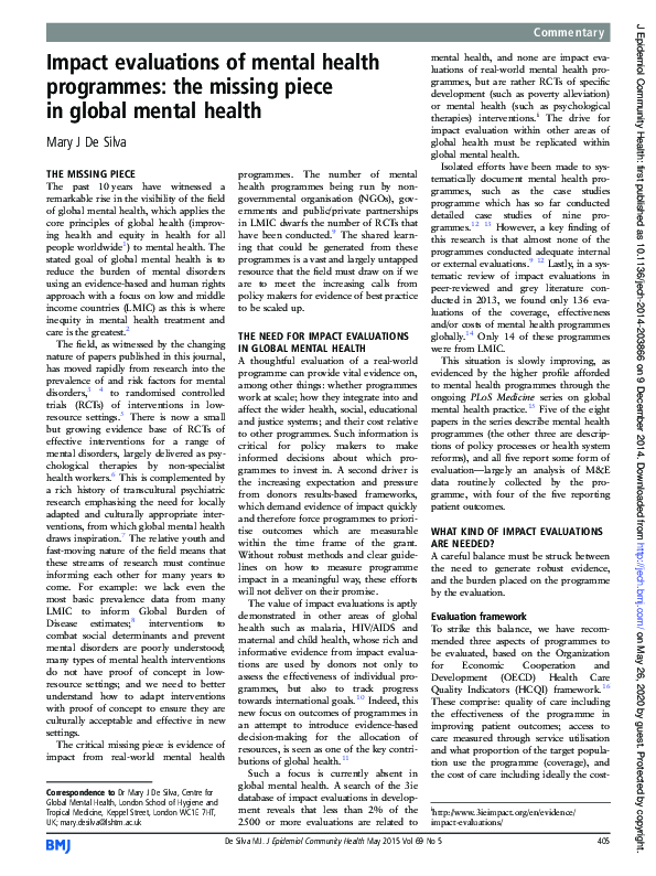 (PDF) Impact evaluations of mental health programmes: the missing piece ...
