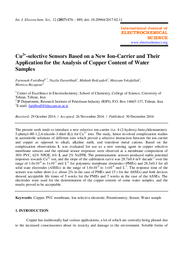(PDF) Cu2+-selective Sensors Based on a New Ion-Carrier and Their ...