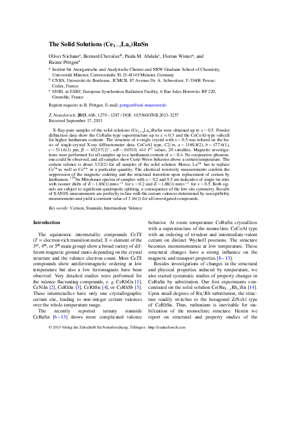 (PDF) The Solid Solutions (Ce 1− x La x )RuSn