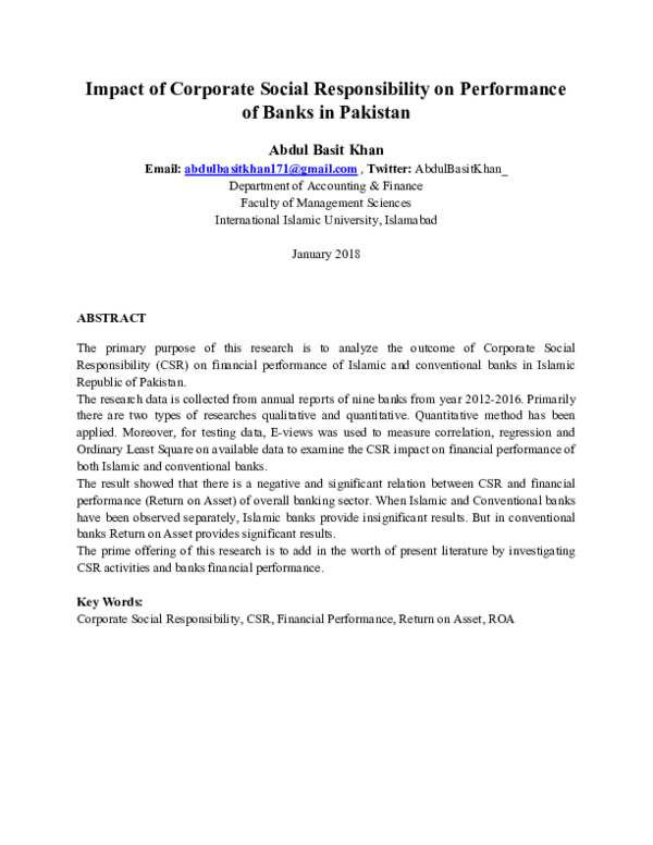 (PDF) Impact of Corporate Social Responsibility on Performance of Banks ...