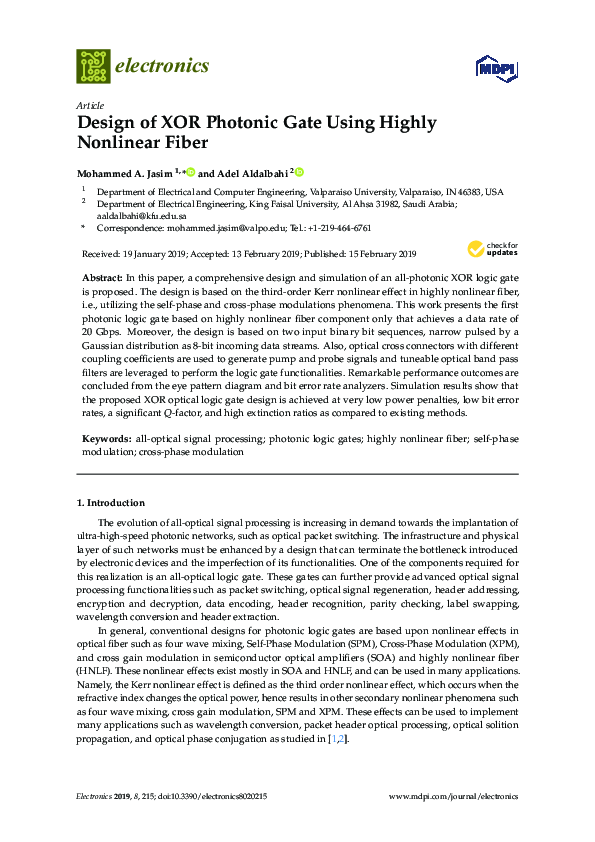 (PDF) Design of XOR Photonic Gate using Highly Nonlinear Fiber