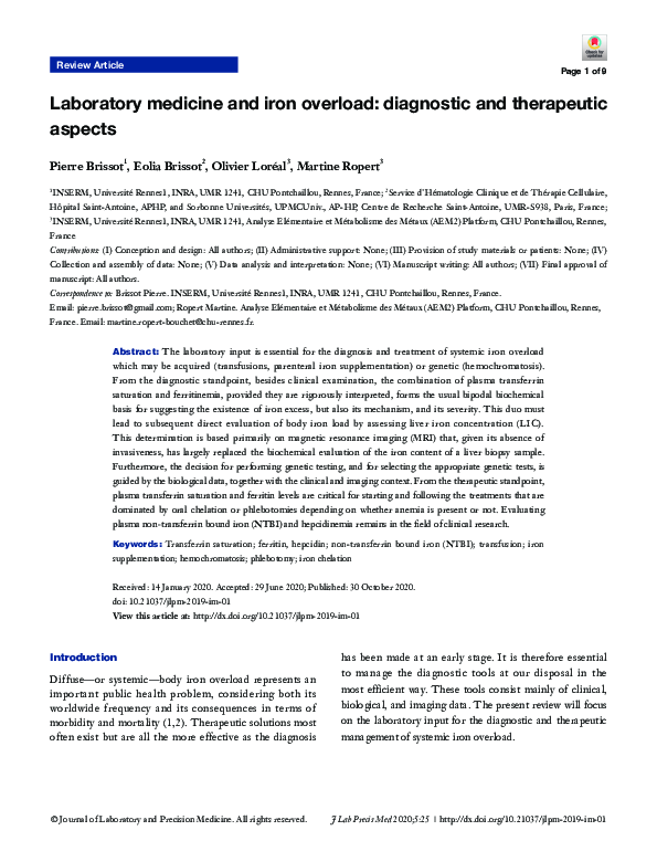 (PDF) Laboratory medicine and iron overload: diagnostic and therapeutic ...