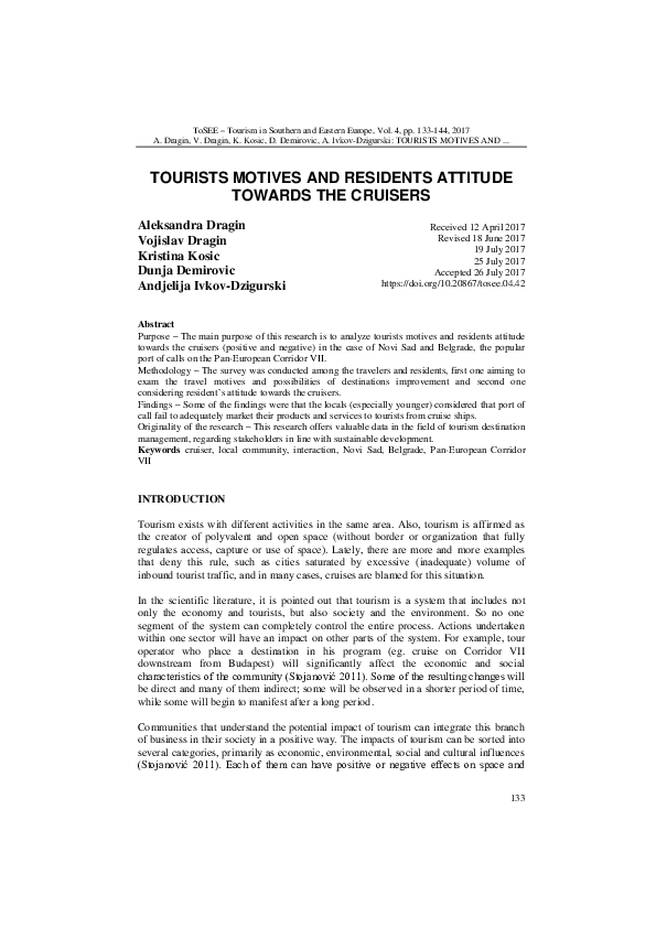 (PDF) Tourists Motives and Residents Attitude Towards the Cruisers