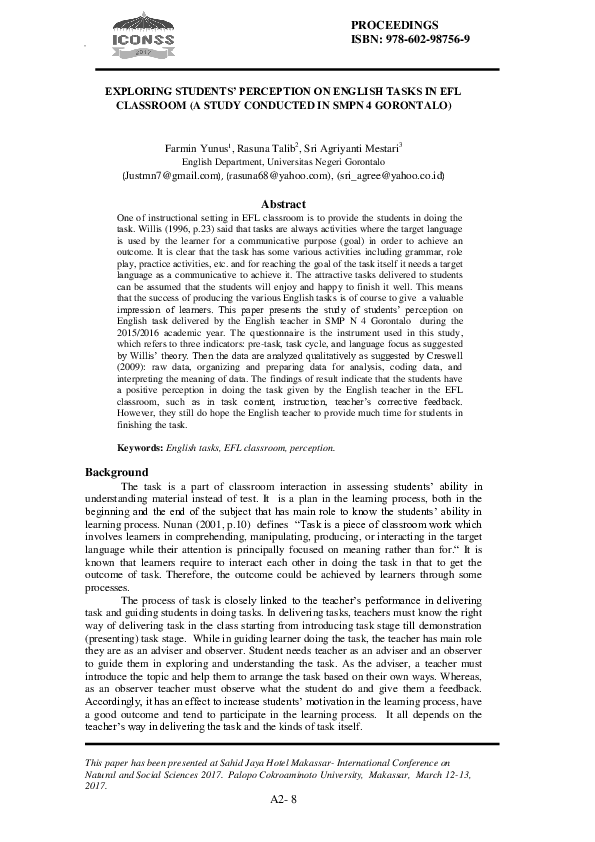 (PDF) A2-8 Exploring Students' Perception on English Tasks in Efl ...