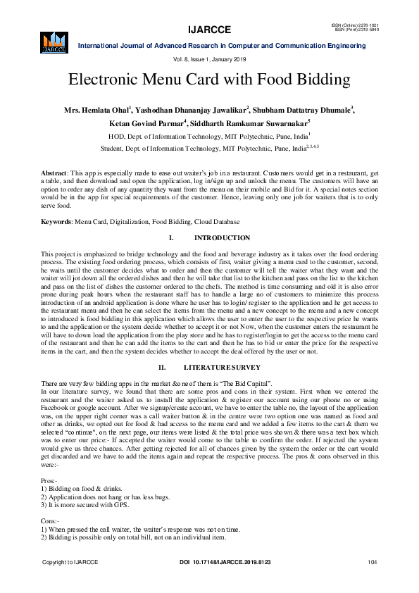 (PDF) Electronic Menu Card with Food Bidding