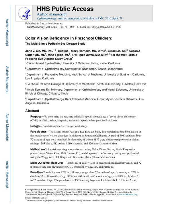 (PDF) Color Vision Deficiency in Preschool Children