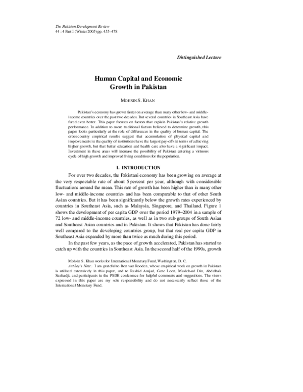 (PDF) Human Capital and Economic Growth in Pakistan (Distinguished Lecture)