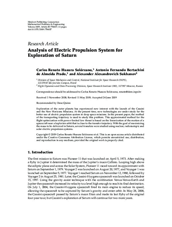 (PDF) Analysis of Electric Propulsion System for Exploration of Saturn