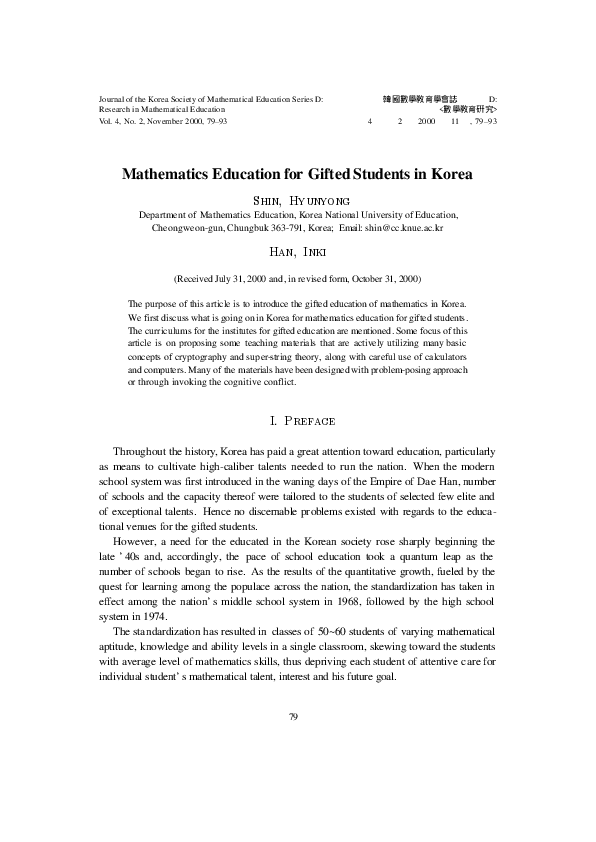 (PDF) Mathematics Education for Gifted Students in Korea