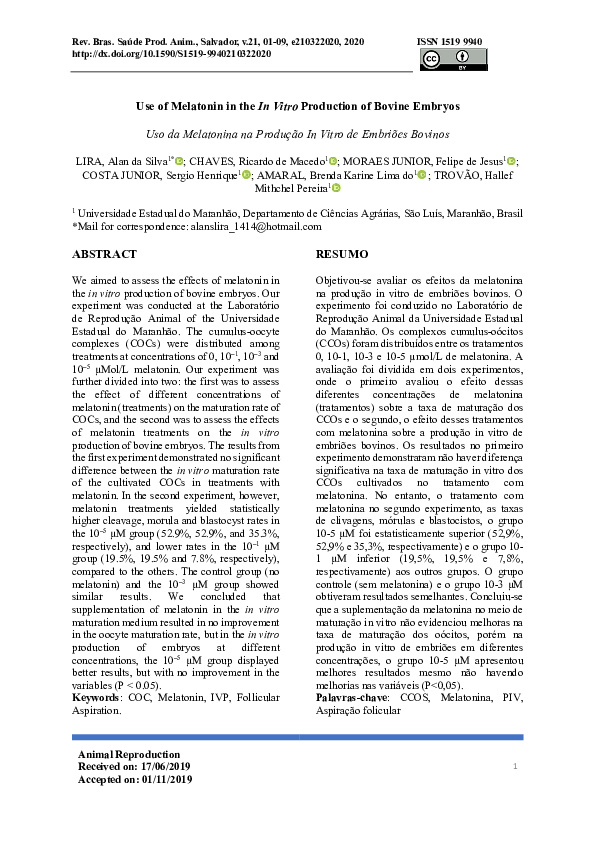 (PDF) Use of Melatonin in the In Vitro Production of Bovine Embryos