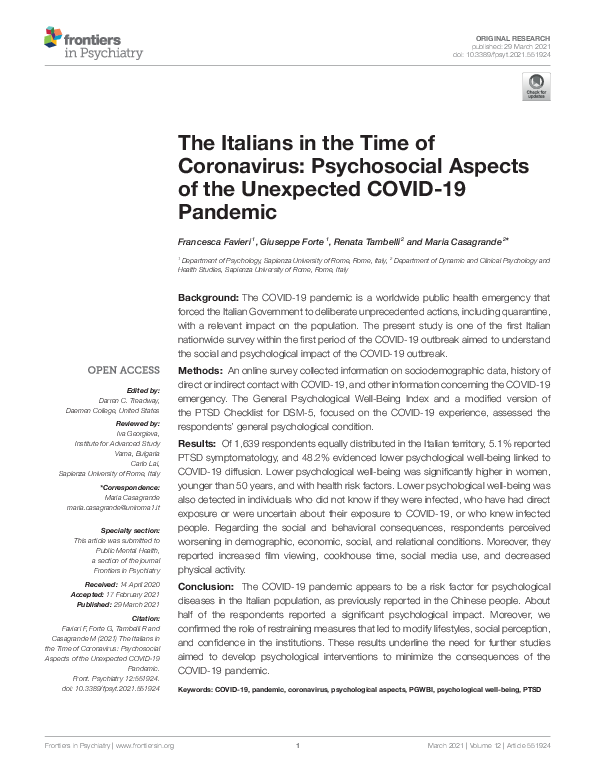 (PDF) The Italians in the Time of Coronavirus: Psychosocial Aspects of ...