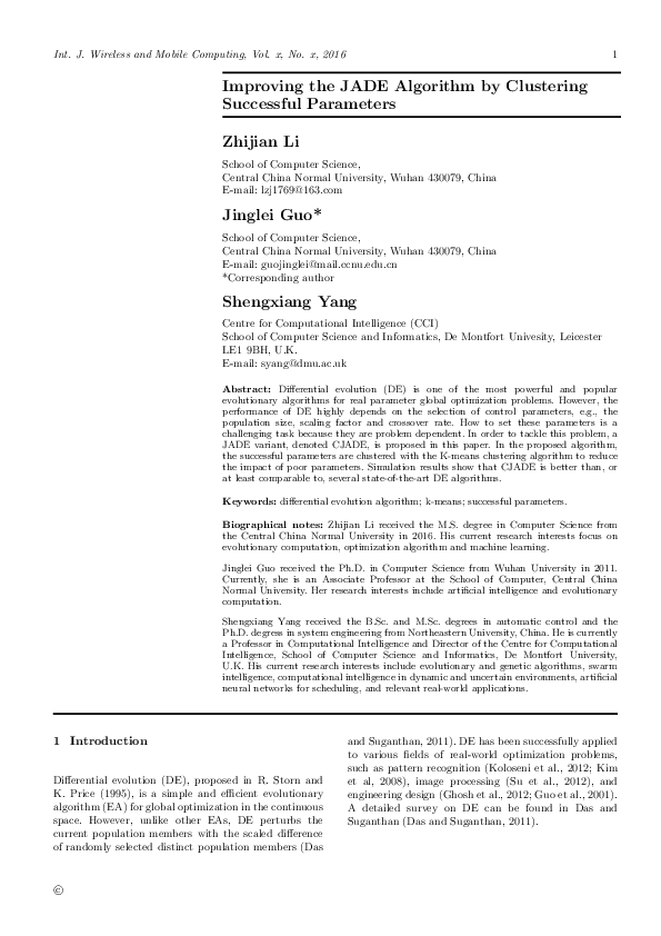 (PDF) Improving the JADE algorithm by clustering successful parameters