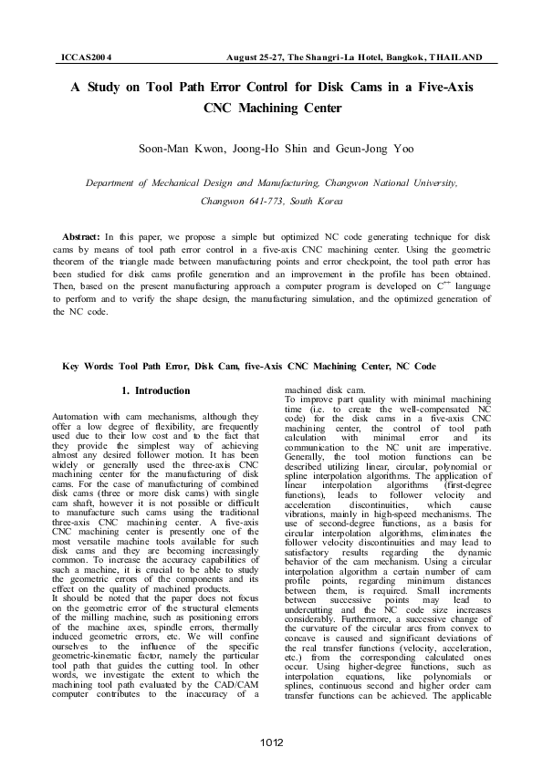 (PDF) A Study on Tool Path Error Control for Disk Cams in a Five-Axis ...