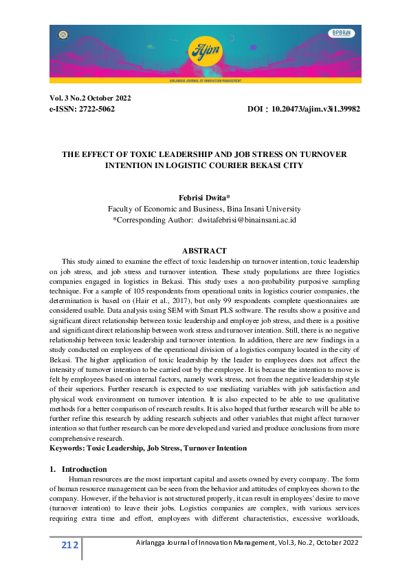 (PDF) Effect of Toxic Leadership and Job Stress on Turnover Intention ...