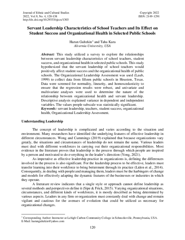 (PDF) Servant Leadership Characteristics of School Teachers and Its ...