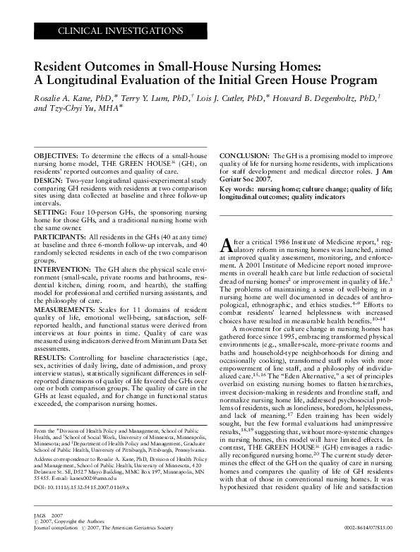 (PDF) Resident Outcomes in Small-House Nursing Homes: A Longitudinal ...