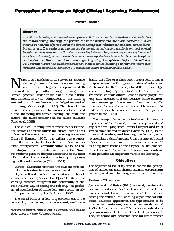 (PDF) Perception of Nurses on Ideal Clinical Learning Environment