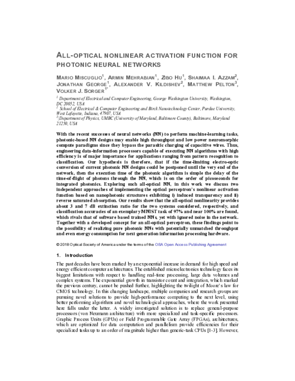 (PDF) All-optical nonlinear activation function for photonic neural ...