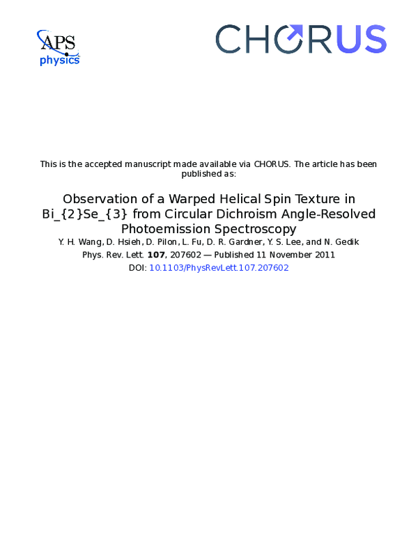 (PDF) Observation of a Warped Helical Spin Texture inBi2Se3from ...