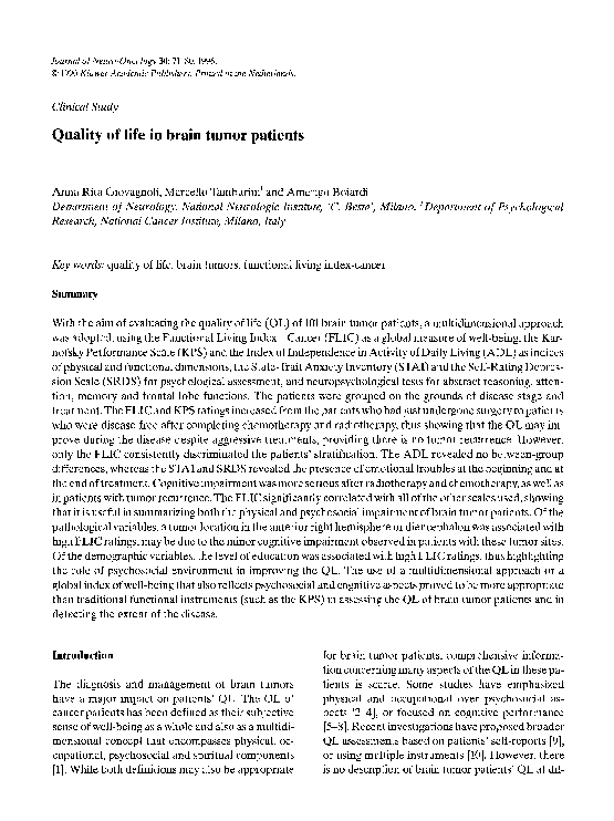 (PDF) Quality of life in brain tumor patients