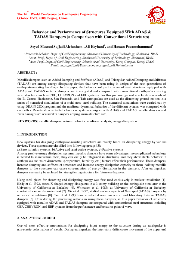 (PDF) Behavior and Performance of Structures Equipped With ADAS & TADAS ...