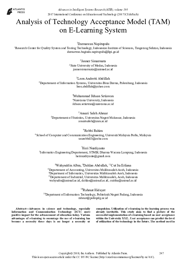 (PDF) Analysis of Technology Acceptance Model (TAM) on E-Learning System