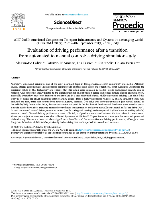 (PDF) Evaluation of driving performance after a transition from ...