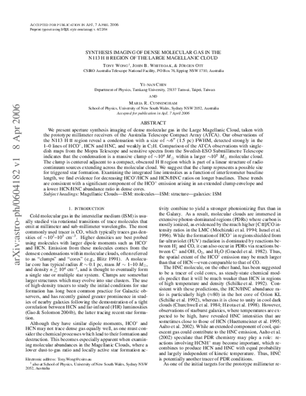 (PDF) Synthesis Imaging of Dense Molecular Gas in the N113 H ii Region ...