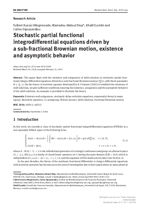 (PDF) Stochastic partial functional integrodifferential equations ...