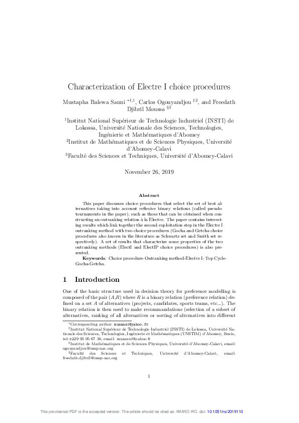 (PDF) Electre I choice procedures: An axiomatization approach