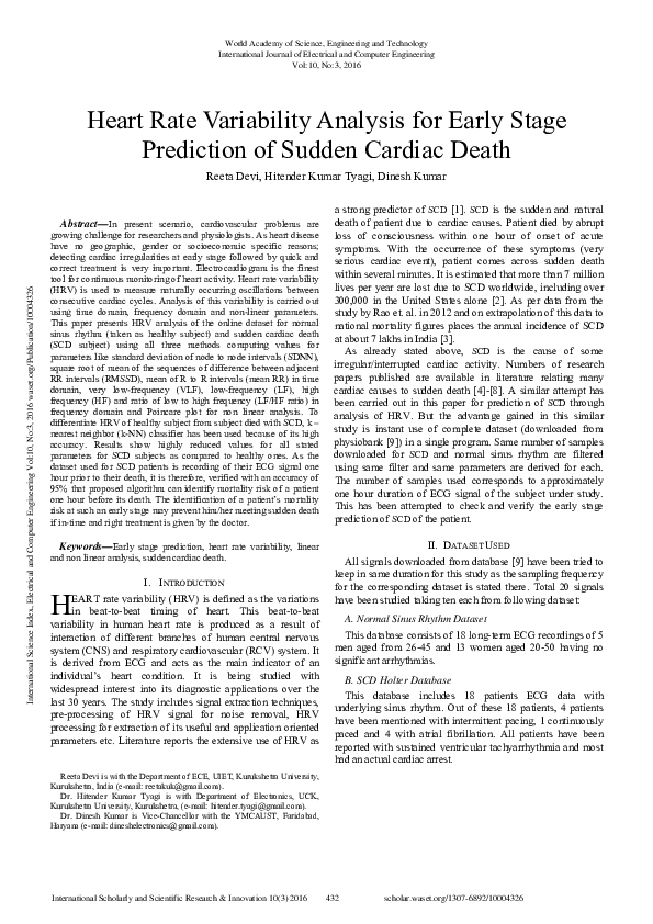 (PDF) Heart Rate Variability Analysis For Early Stage Prediction Of ...