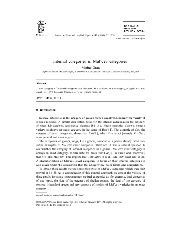 (PDF) Internal categories in Mal’cev categories