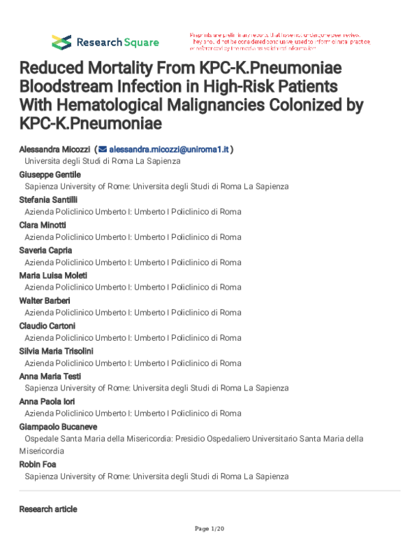 (PDF) Reduced Mortality From KPC-K.Pneumoniae Bloodstream Infection in ...