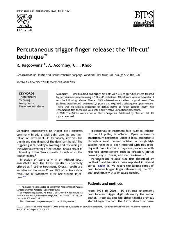 (PDF) Percutaneous trigger finger release: the ‘lift-cut’ technique