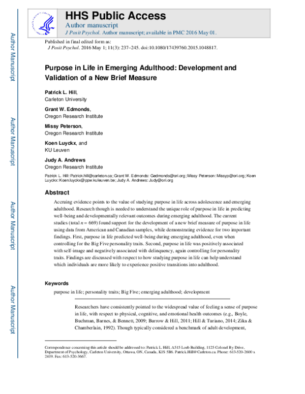 (PDF) Purpose in life in emerging adulthood: Development and validation ...