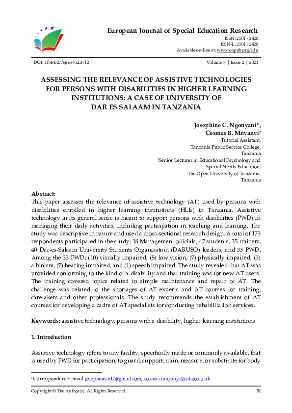 (PDF) Assessing the Relevance of Assistive Technologies for Persons ...