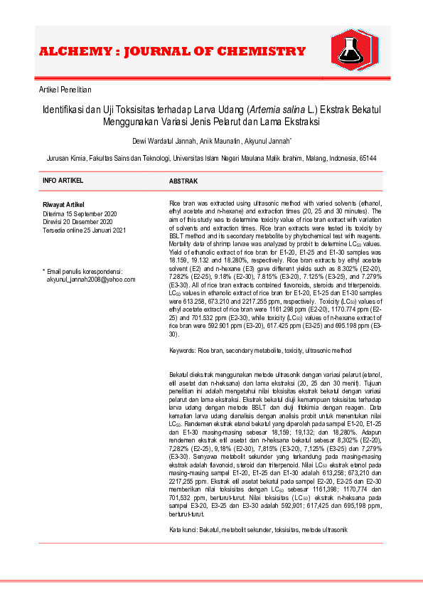 Identifikasi dan Uji Toksisitas terhadap Larva Udang (Artemia salina L.) Ekstrak Bekatul Menggunakan Variasi Jenis Pelarut dan Lama Ekstraksi