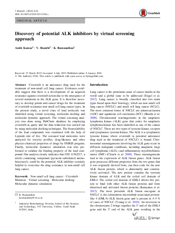 (PDF) Discovery of potential ALK inhibitors by virtual screening approach