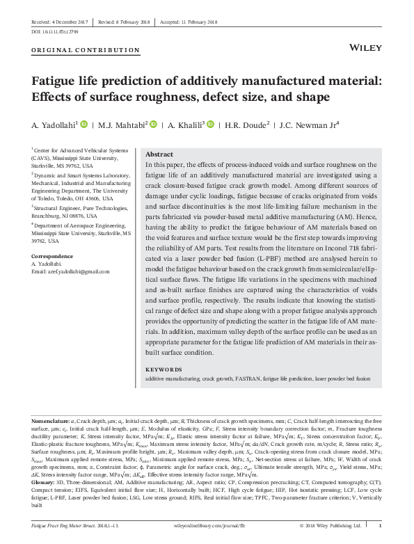 (PDF) Fatigue life prediction of additively manufactured material