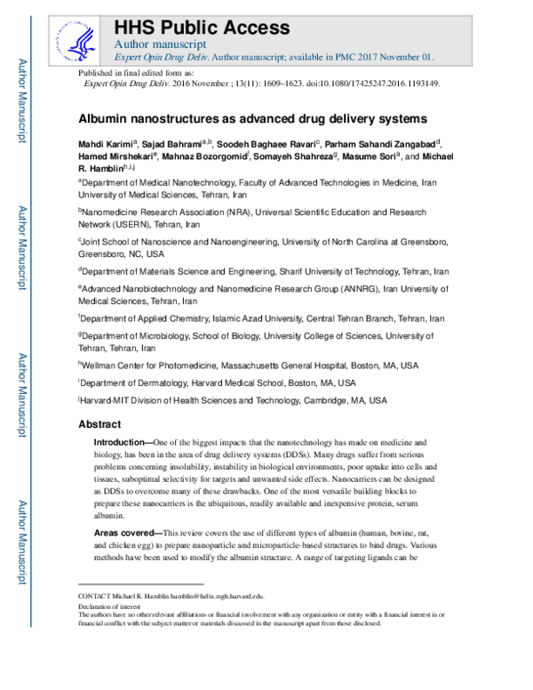 (PDF) Albumin nanostructures as advanced drug delivery systems