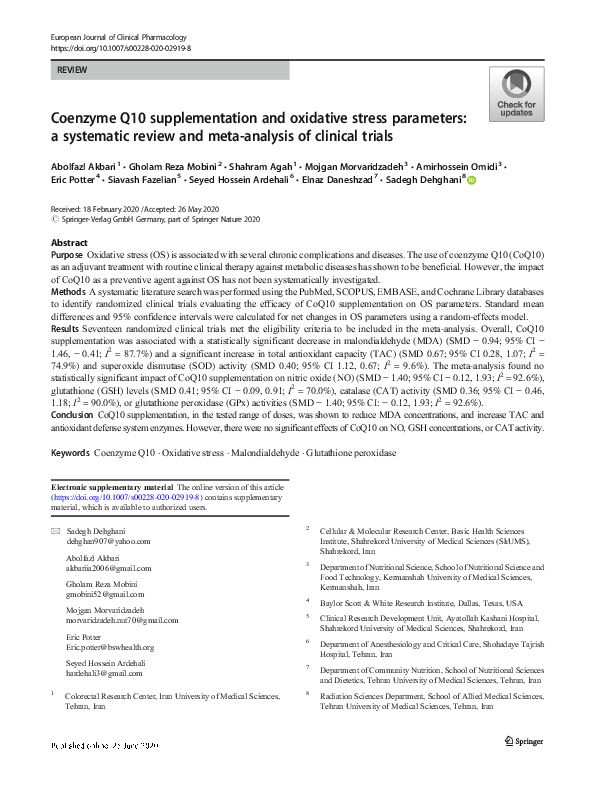 (PDF) Coenzyme Q10 supplementation and oxidative stress parameters: a ...