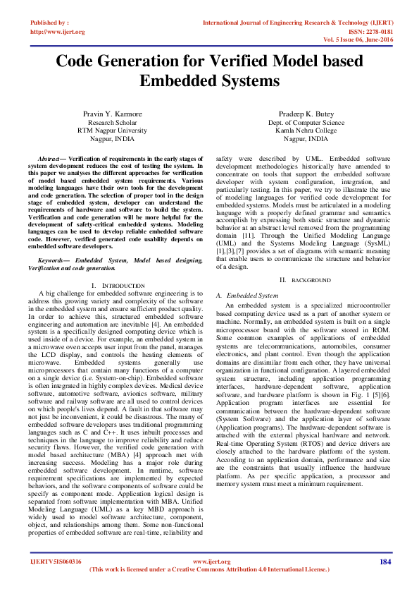 (PDF) Code Generation for Verified Model based Embedded Systems